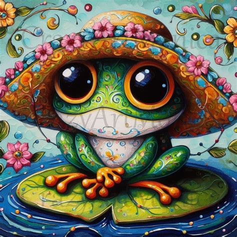 Whimsical Frog With Hat on Lily Pad Mexican Folk Art Floral Instant ...