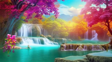 Scenic Waterfall Scenery Background, 3d Mural Colorful Landscape ...