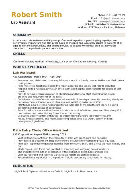 Lab Assistant Resume Sample