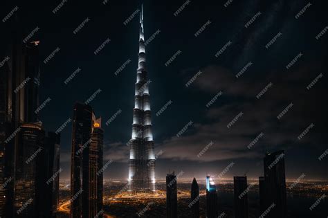 Premium AI Image | a step into aerial night view of Burj khalifa Dubai ...