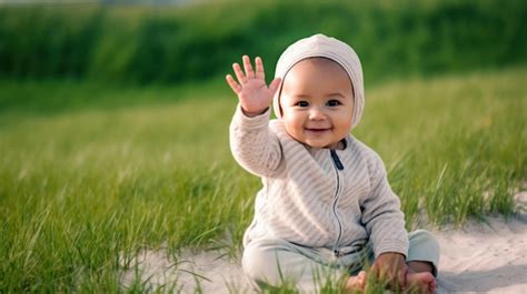 Premium AI Image | Happy baby waving hello sitting on green grass lawn ...