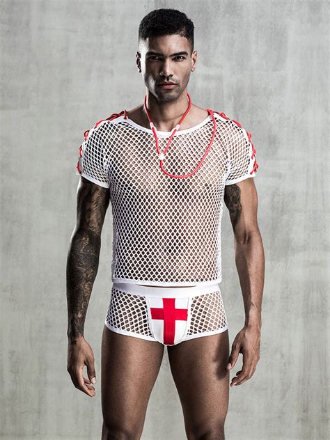 Men Sexy Nurse Costume Halloween White Mesh Pants Top Night Club Wear ...