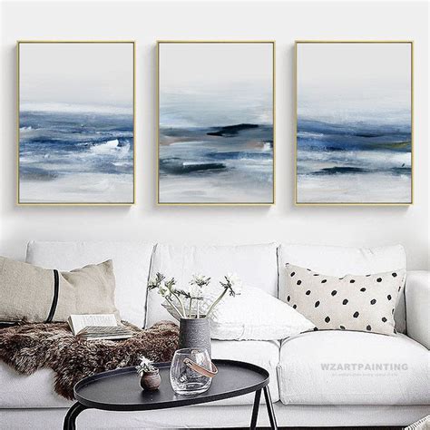 Set of 3 Prints Modern Abstract Ocean Navy Blue Wave Landscape Prints ...