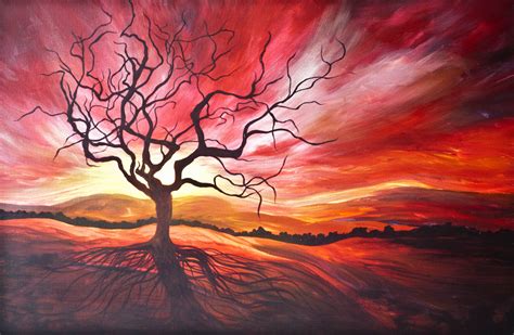 Sunrise original painting, red, dead tree, snag, branches, backlit tree ...