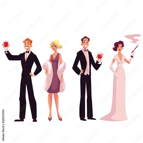 People in 1920s style cocktail dresses at vintage party, cartoon vector ...