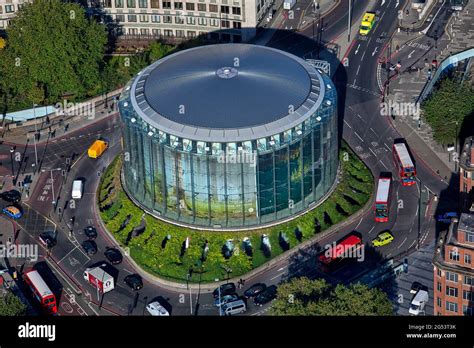 UK, London, Aerial view of Odeon BFI IMAX cinema and traffic circle in ...