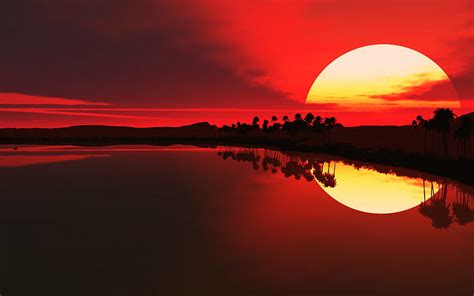 HD wallpaper: sunset, Red sun, beach, sky, reflection, red background ...