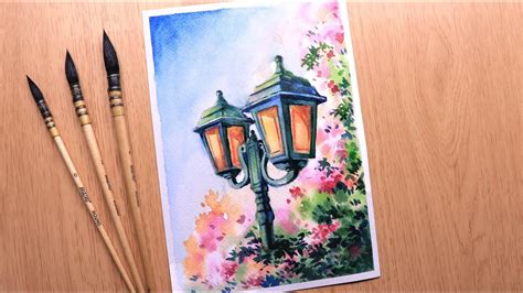 Watercolor painting for beginners beautiful flower tree and street lamp ...