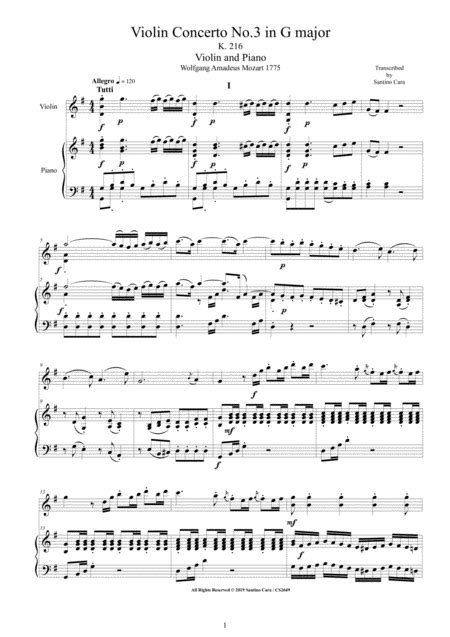 Mozart - Violin Concerto No.3 in G major K 216 for Violin and Piano ...