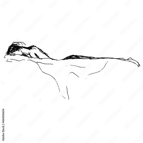 Girl lying in bed face down sleeping or crying. Hand drawn linear ...