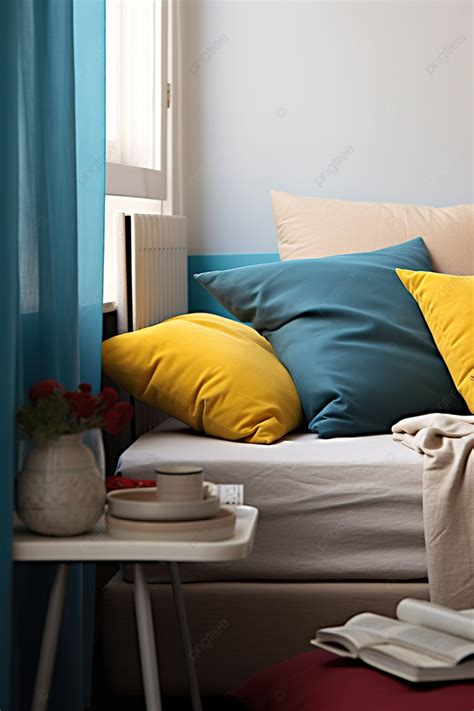 A Bed With Red Blue And Yellow Pillows Background Wallpaper Image For ...