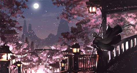 Painting Anime Night Scenery Moonlight Night Cherry Blossom Wallpaper ...