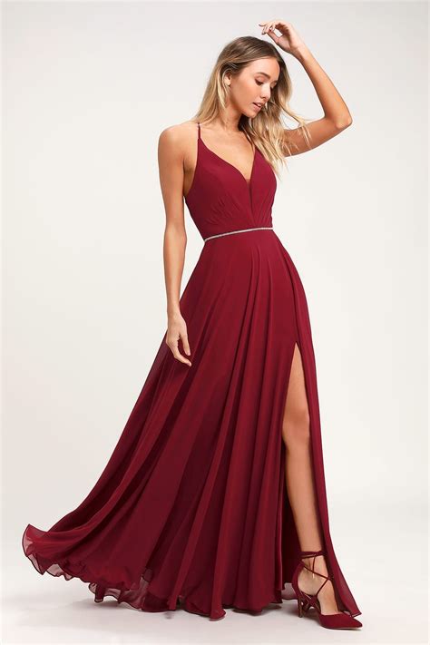 She's Gorgeous Wine Red Lace-Up Rhinestone Maxi Dress | Red graduation ...