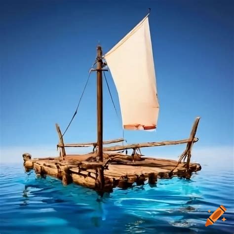 A wooden raft with a sail on a white background on Craiyon