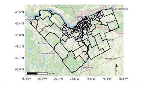 Map of Ottawa, Ontario. Black outlines show Ottawa's city boundaries ...