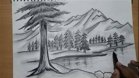 how to draw nature / mountain scenery with river and trees - YouTube