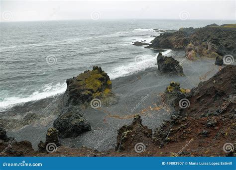 Rock Formations in Black Sand Beach of Djupalonssandur Stock Image ...