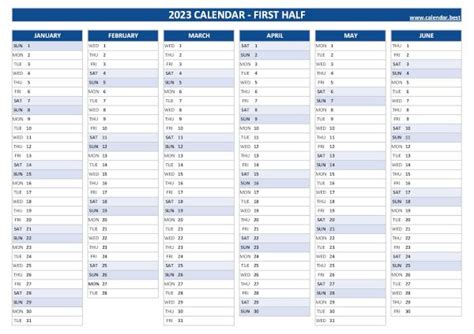 2023 half year calendar to print