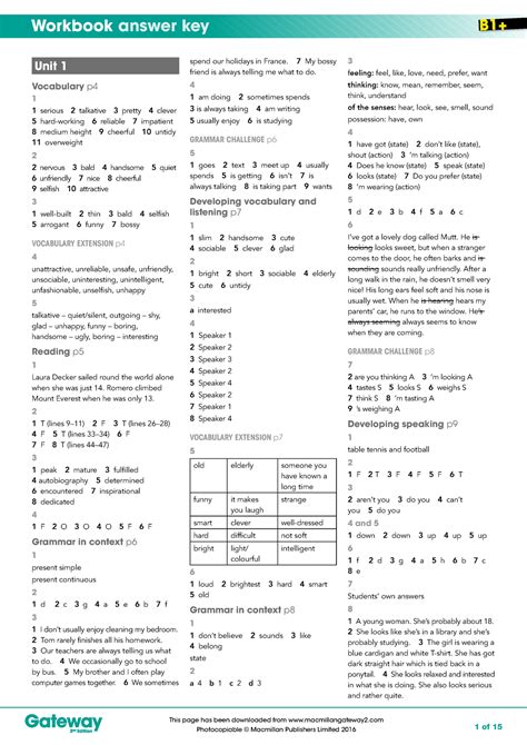 B1+ Workbook answer key - Unit 1 Vocabulary p 1 1 serious 2 talkative 3 ...