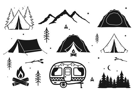 camping equipment silhouette collection set. tent, camp fire, hill ...