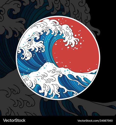 Japan great wave and sun Royalty Free Vector Image