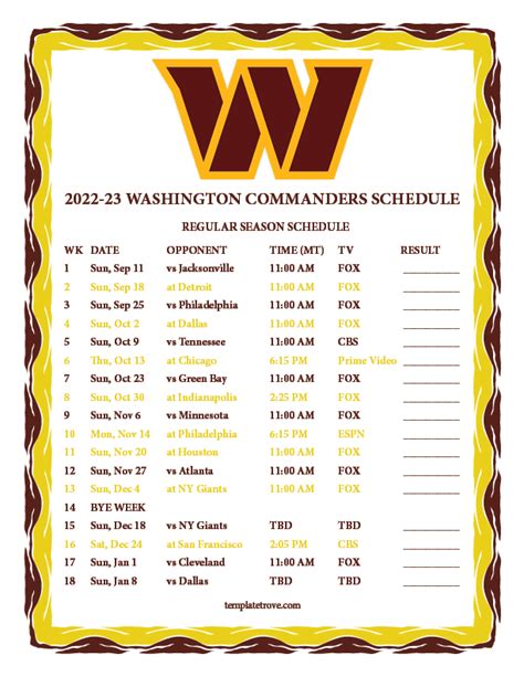 Printable 2022-2023 Washington Commanders Schedule