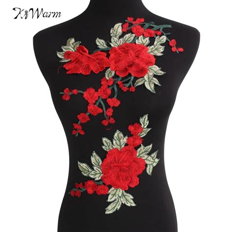 2PCS Red Flowers Embroidered Patches Fabric Sticker for Clothes Jeans ...