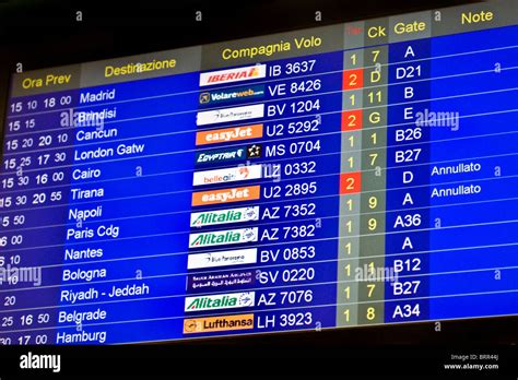 Airport information board showing arrivals and departures of flights ...