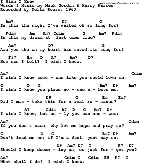 Song lyrics with guitar chords for I Wish I Knew - Della Reese, 1960