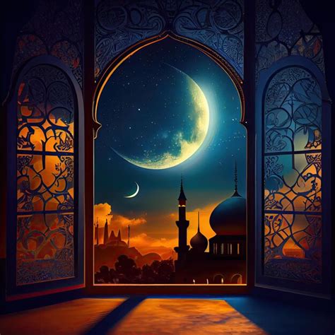 Premium Photo | A door with a view of the mosque at night