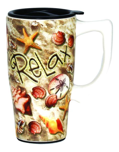 Relax Seashells on Beach Ceramic Travel Mug with Lid 16 Ounce Coffee ...