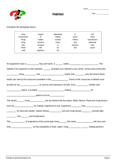 Habitat - Cloze Test Worksheet - Quickworksheets