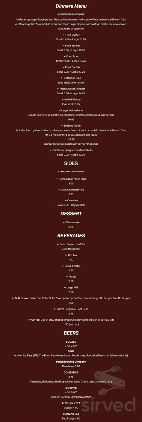 Casamento's Restaurant menu in New Orleans, Louisiana, USA