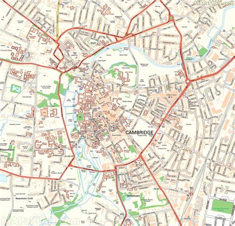 Cambridge top tourist attractions map - City centre detailed street ...