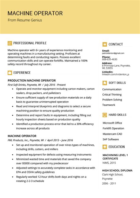 Machine Operator Resume | Sample & Writing Tips | Resume Genius