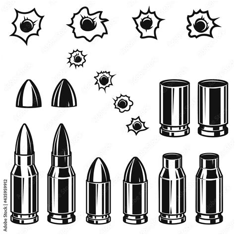 Set of handgun bullets and bullet holes in vintage monochrome style ...