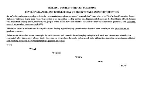 Inquiry Question Worksheet - BUILDING CONTEXT THROUGH QUESTIONS ...