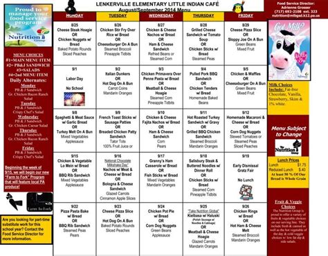 Millersburg Elementary School Lunch Menu for August & September ...