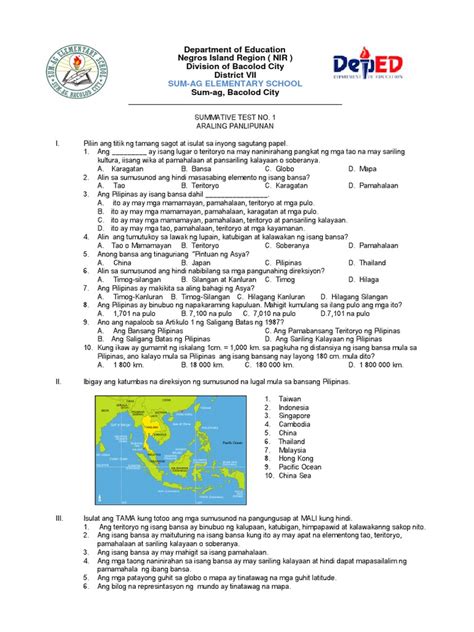 Summative Test In Araling Panlipunan 3 Worksheet Summative Test Images ...