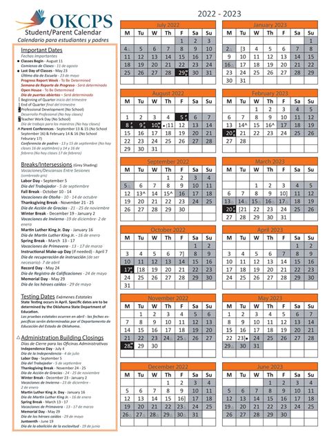 Oklahoma City Public Schools Calendar 2022-2023 in PDF