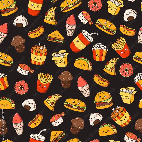 Set of vector cartoon doodle icons junk food. Illustration of comic ...