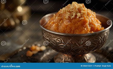 Saffron Suji Halwa In Metal Bowl, Nut Garnish, Hot Serving Royalty-Free ...