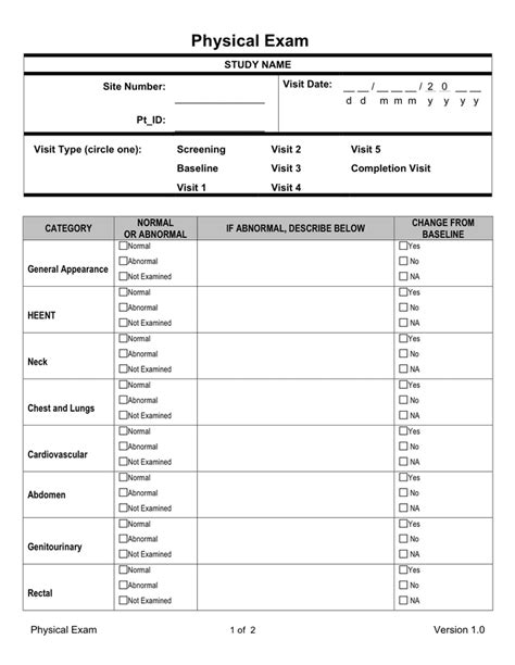 Physical exam template in Word and Pdf formats