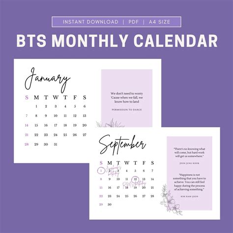 BTS 2024 Monthly Calendar Printable PDF Instant Download - Etsy | Bts ...