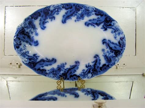 Antique Flow Blue China Oval Platter Vintage 1880s Serving