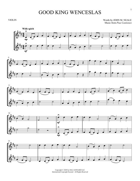 Good King Wenceslas by John M. Neale Sheet Music for Violin Duet at ...