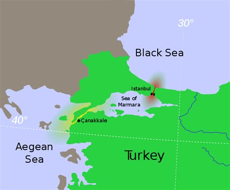 Location of the Bosporus (red) relative to the Dardanelles (yellow) and ...