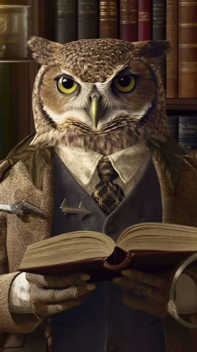 A sophisticated owl in a professor's tweed jacket, holding a stack of books