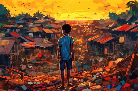 Premium AI Image | A kid stands in a slum Illustration Generative AI