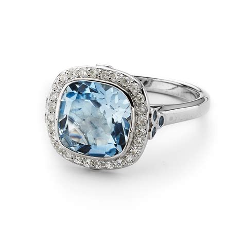 Charles & Colvard Cushion Cut Blue Topaz Ring with Moissanite Halo ...